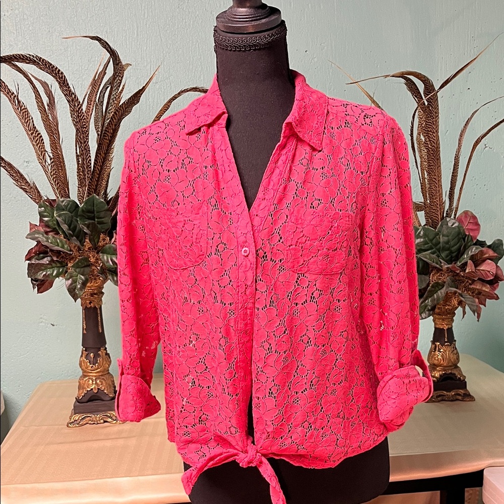 Candie's Vibrant Pink Lace Tie-Front Blouse